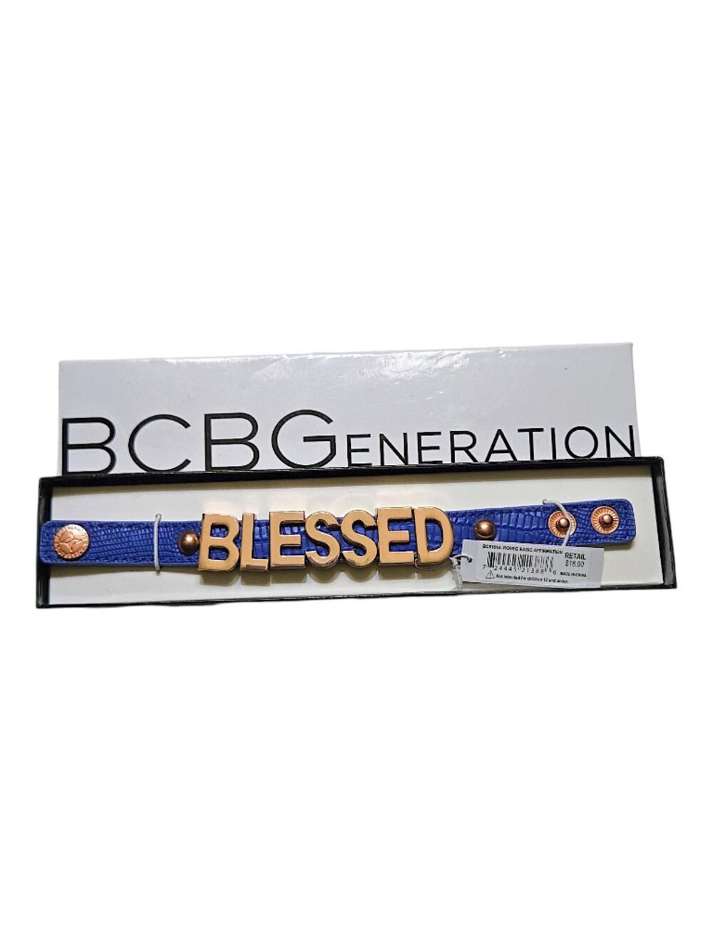 BCBGeneration BLESSED Rose Gold Letter Blue Faux Leather Snap Bracelet NWT